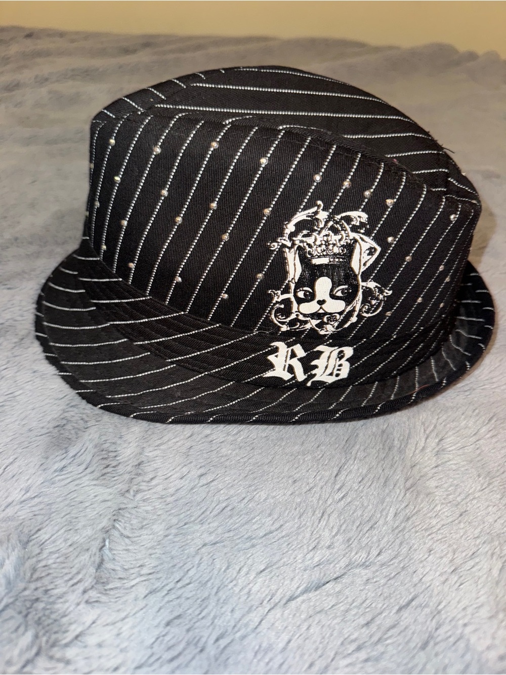 Black Pinstripe Fedora Hat with Embroidered Crest